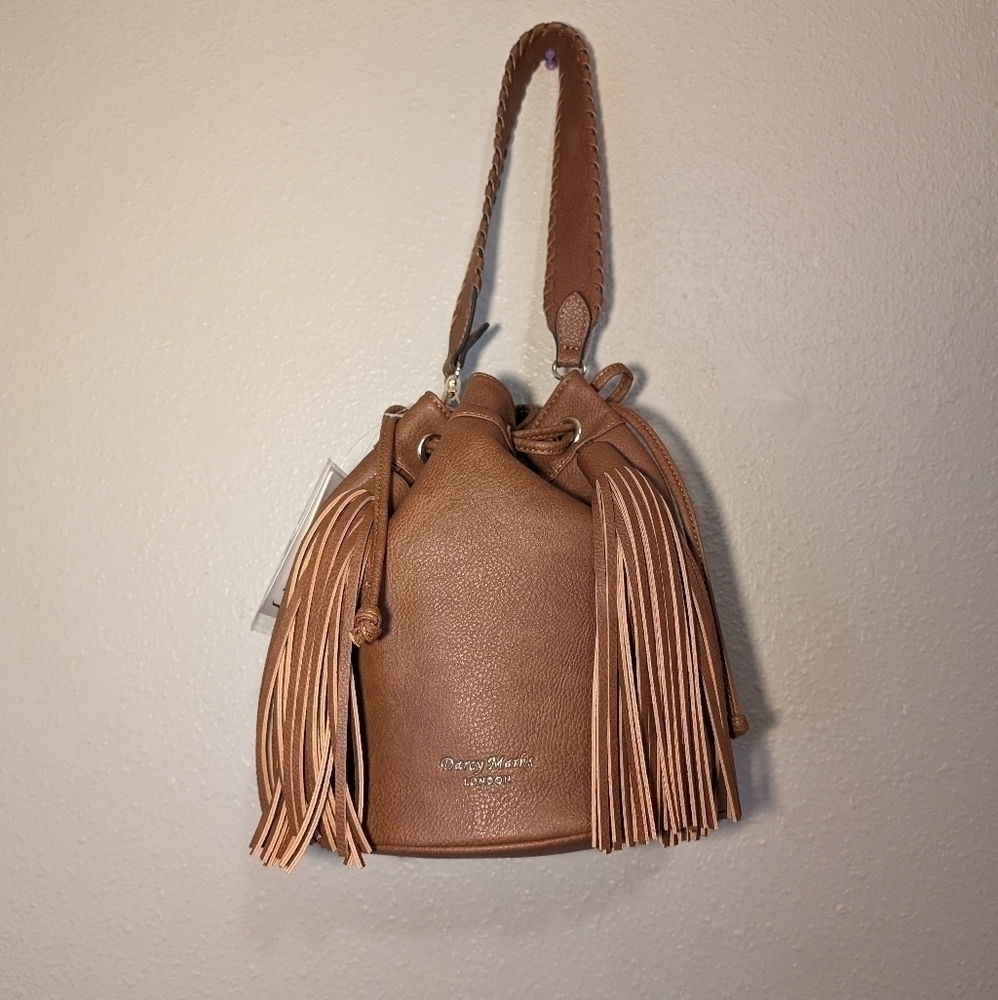 NWT Darcy Marks London Bucket Bag with fringe and braided handle Brown